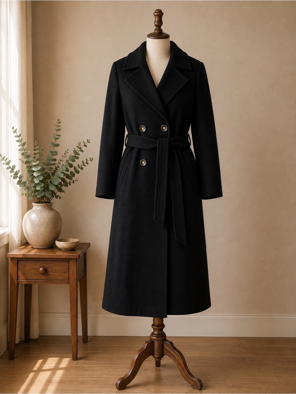 Vintage Fox Run Black Wool Long Belted Coat Made in Canada Double Breasted 8/10